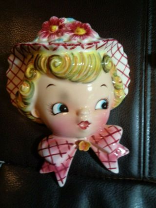 Vtg Lefton Dainty Miss Daisy Wall Pocket Mid Century Modern Blonde Girl Hat Pink