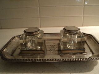 Antique Hardy Bros Double Crystal Inkwells On Tray 1901