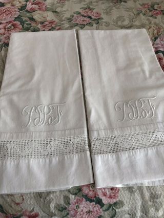 2 Vintage Victorian White Pillowcases Hand Done Filet Lace Monogram 3
