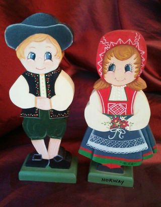 Hand - Painted Wooden Boy And Girl From Norway Signed Millie About 7 1/2 " Tall