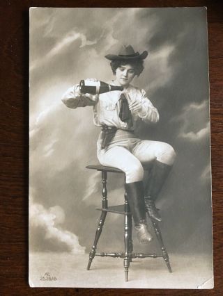 Rppc 1908 Studio Portrait Of Cowgirl Pouring A Drink Of Wine Champagne C4