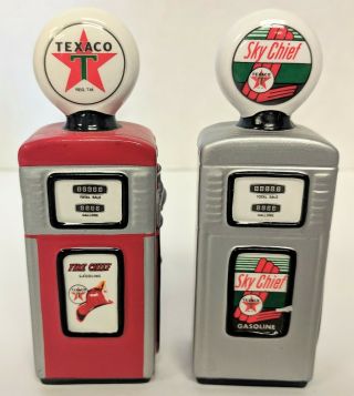 Texaco Sky Chief & Fire Chief Gas Pumps Salt & Pepper Shakers Red Silver Enesco