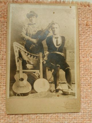 Armless Wonder John T.  Owens & Wife Guitar Violin Banjo Autoharp Cabinet Photo