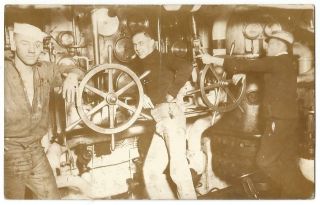 Sailors In Ship Boat Steamer Steamship Engine Room Rppc Real Photo C.  1915