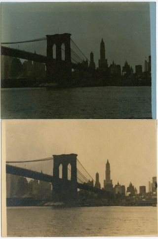 Views Of York City Brooklyn Bridge Toned Blue & Not Vintage Snapshot Photos