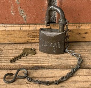 Vintage Russwin Padlock Heavy Solid Brass Lock & Key With Bronze Sash Chain