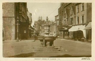Rp St Albans Market Cross Shopfront Street Scene Real Photo Hertfordshire 1921