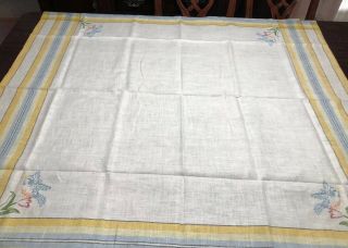 Vtg Tablecloth Blue Yellow Stripe Linen Hand Embroidered Blue Birds 50’s