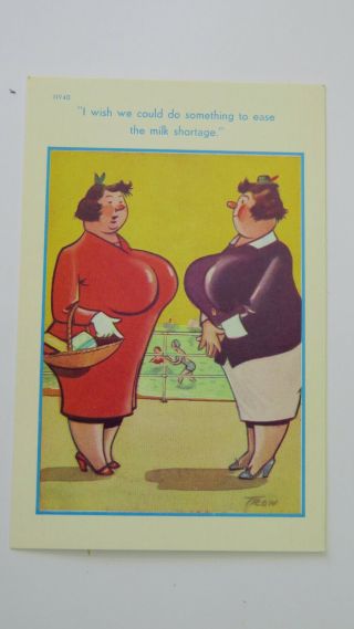 1950s Saucy Comic Postcard Fat Lady Big Boobs Post - War Ww2 Food Milk Rationing