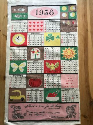 Vintage 1958 Calendar Dish Towel Linen Holidays Pink