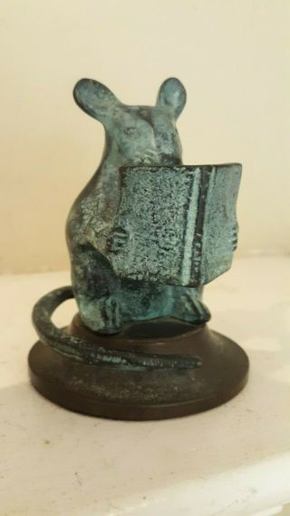 Vintage Mouse Reading Book Brass Or Cast Metal ? Green Patina Figure On Stand