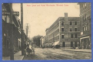 Winsted,  Ct,  Main Street & Hotel Winchester,  Horse & Buggy Tracks Postcard 1909