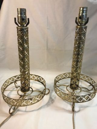 Pair Mid Century Reticulated Mesh Metal Table Lamps Brass Gold Color