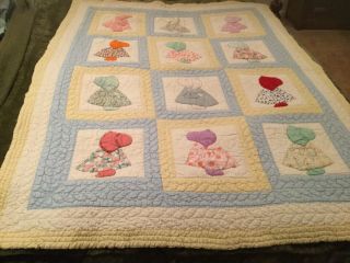 Vtg70s Sunbonnet Sue Handmade Quilt Blanket Girl Bonnet Patchwork 49” X 69”