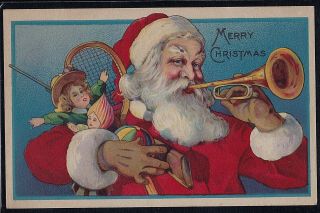 Vintage Antique Postcard Merry Christmas - Santa With Toys & Trumpet