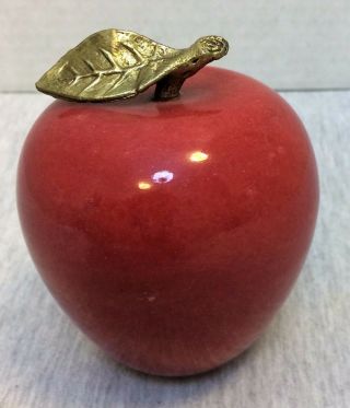 Red Polished Stone Apple With Brass Stem And Leaf Paperweight Decor