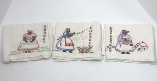 Set Of 3 Vintage Hand Embroidered Black Americana Flour Sack Kitchen Towels