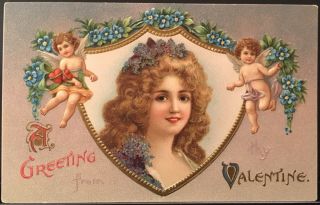 Valentine Postcard Cherubs & Forget Me Nots Surround Girl W Light Brown Hair
