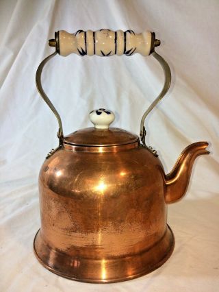 Vintage Copper Tea Pot With Blue And White Delft Ceramic Handle