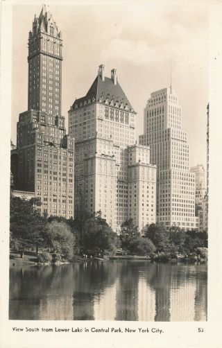 York City – View South From Central Park Lower Lake Real Photo Postcard Rppc