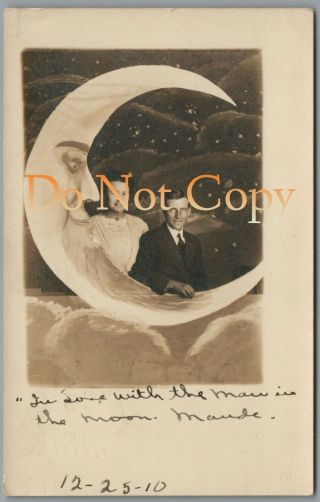Man & Woman In Paper Moon Prop 1910 P/u Rppc Real Photo Postcard