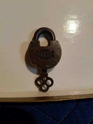 Rare Old Brass Miniature Padlock Lock With A Key.  Reese.