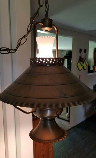 Vintage All Brass Hanging Ceiling Swag Hurricane Style Lamp - Lights Great