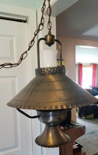 Vintage All Brass Hanging Ceiling Swag Hurricane Style Lamp - Lights Great 2
