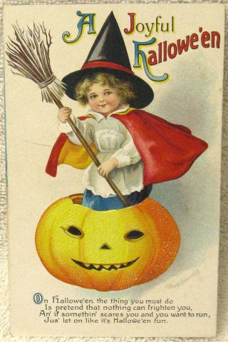Ca 1914 Ellen Clapsaddle Halloween Pc Little Girl Witch Hat Broom Jack O 