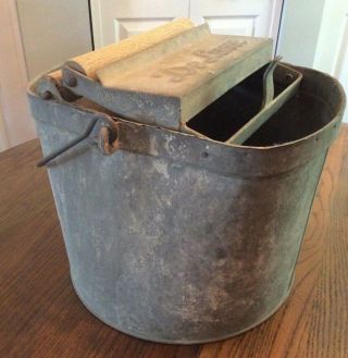 Vintage Deluxe Galvanized Metal Mop Bucket Oak Wood Ringers