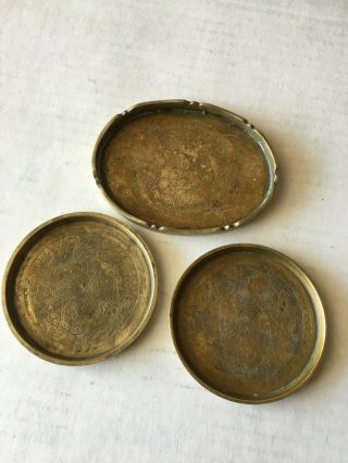 (3) Vintage Solid Brass Etched Design Trays China