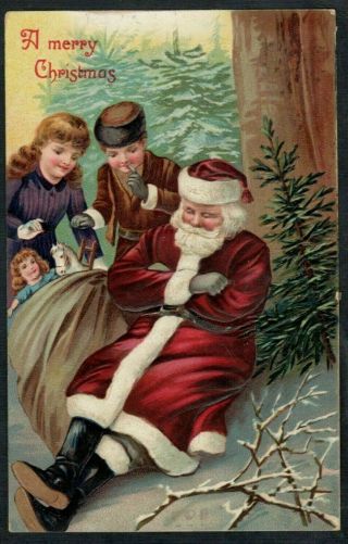 Santa Claus Sleeping Children In Woods Toy Sack Antique Christmas Postcard - C789