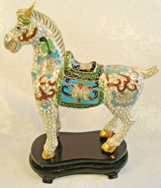 Rare Vintage Chinese Cloisonne Enamel Horse Figurine Statue W/wood Stand