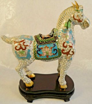 Rare VINTAGE CHINESE CLOISONNE ENAMEL HORSE Figurine Statue w/WOOD STAND 2