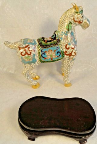 Rare VINTAGE CHINESE CLOISONNE ENAMEL HORSE Figurine Statue w/WOOD STAND 3