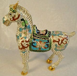 Rare VINTAGE CHINESE CLOISONNE ENAMEL HORSE Figurine Statue w/WOOD STAND 4