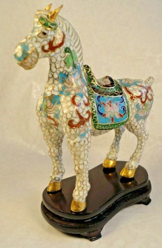 Rare VINTAGE CHINESE CLOISONNE ENAMEL HORSE Figurine Statue w/WOOD STAND 8