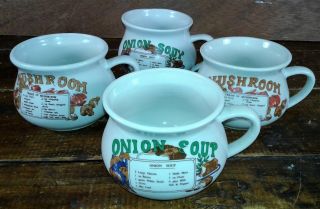 Set Of 4 Soup Bowl Cups Onion Mushroom Recipe Porcelain Mugs