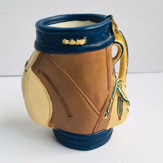 Ceramic Golf Glub Bag Figurine 3d Sports Memorabilia 4 1/2 " Tall Blue Brown Tan