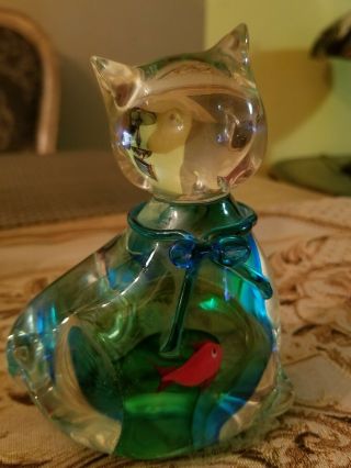 Rare Lenox Blue Crystal Glass Cat With Fish In Stomach.  So Cute