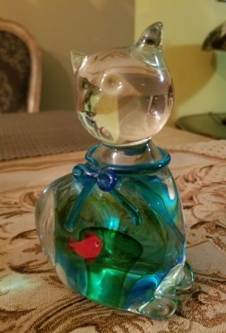 Rare LENOX Blue CRYSTAL GLASS CAT With Fish In Stomach.  So cute 2
