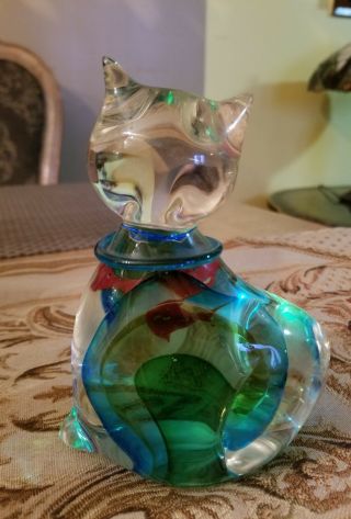 Rare LENOX Blue CRYSTAL GLASS CAT With Fish In Stomach.  So cute 4