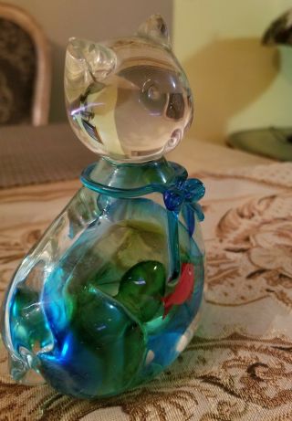 Rare LENOX Blue CRYSTAL GLASS CAT With Fish In Stomach.  So cute 5