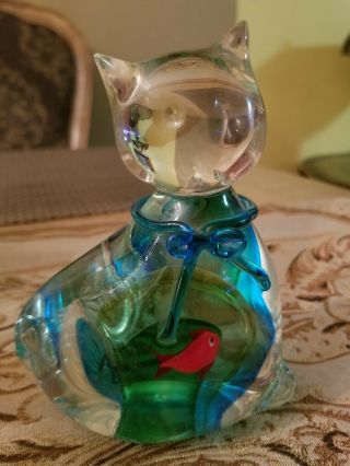 Rare LENOX Blue CRYSTAL GLASS CAT With Fish In Stomach.  So cute 6