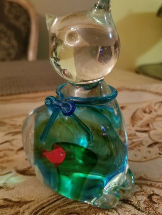 Rare LENOX Blue CRYSTAL GLASS CAT With Fish In Stomach.  So cute 7
