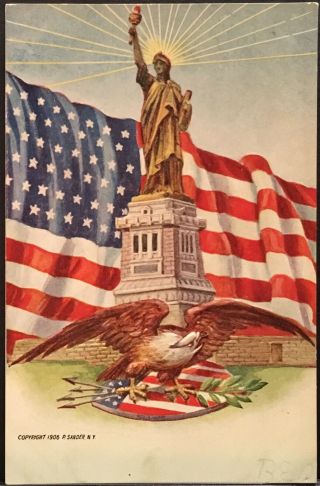 Patriotic Postcard Statue Of Liberty Large Usa Flag & American Eagle