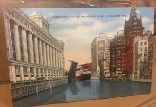 Vintage Postcard Downtown View Milwaukee River Wisconsin Linen Post Card