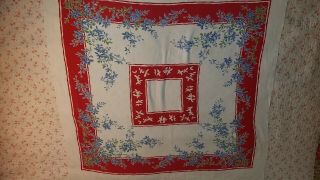 Vintage Red White & Blue Cotton Print Tablecloth Blue Flowers On Red & White