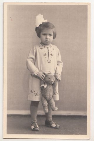 Vintage Photo Pc Little Girl With Teddy Bear Toy Kid Sweet Child Sonneberg 1930s