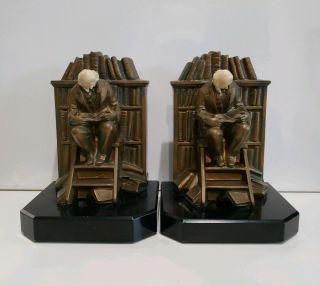 Antique 1932 Bookends Jb Hirsch " The Librarian " Celluloid Heads Metal Marked